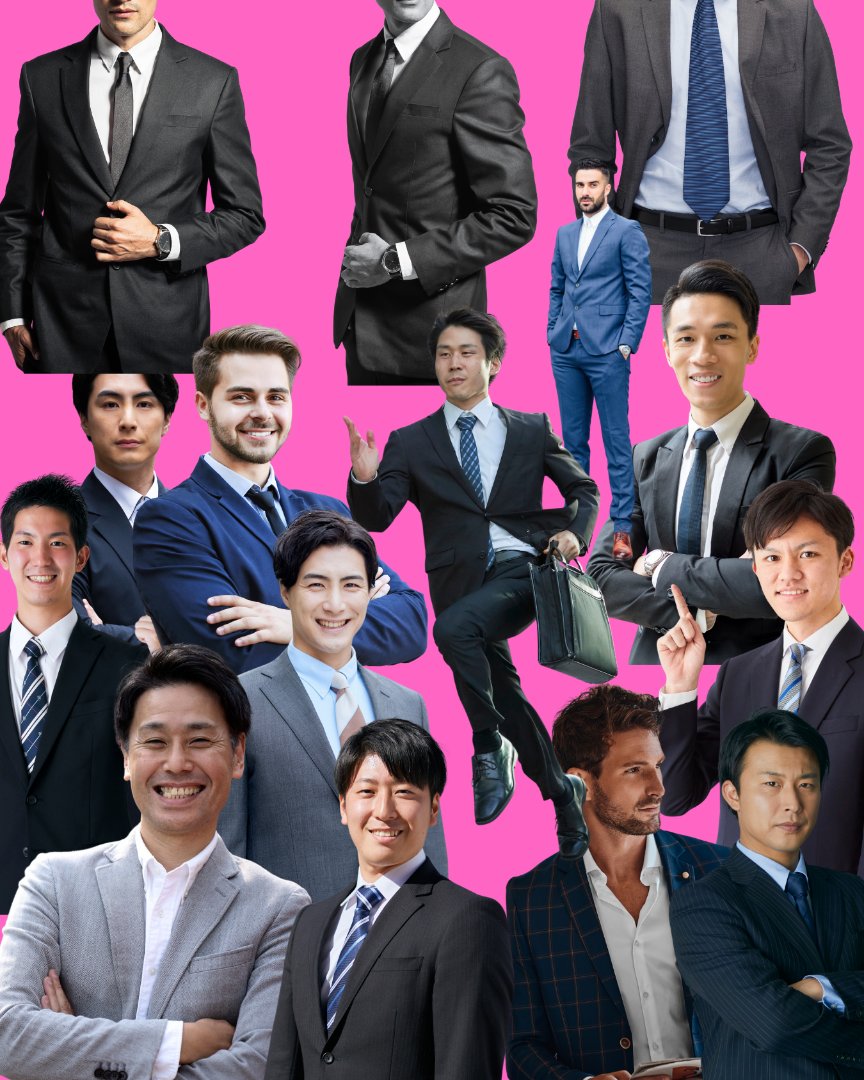 marebitoedition's tweet image. canvaの使い方を会得しようと、素材写真の「デキる男」をコラージュしていたら奇妙な絵面になった。