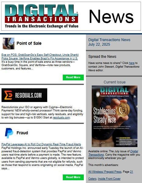DTPaymentNews's tweet photo. Today's Digital Transactions News: Eye on Point of Sale; PayPal’s AI Fraud Detection Tool; Eyewear Retailer Adopts Affirm 
https://t.co/MJU9JNTrtF 
#payments #POS #GrabScanGo #Square #UncleSharkii #Verifone #Pix #RTP #merchantacceptance #Affirm #NewLookVision #BNPL #ecommerce https://t.co/irVWvcehjd