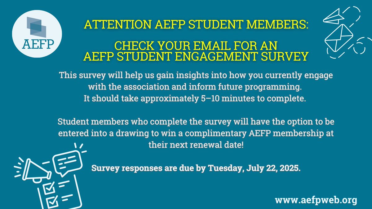 aefpweb's tweet image. Reminder AEFP student members: The AEFP Student Member Engagement Survey closes TODAY. Student members who complete the survey will have the option to be entered into a drawing to win a complimentary AEFP membership. Check your email for the survey link!