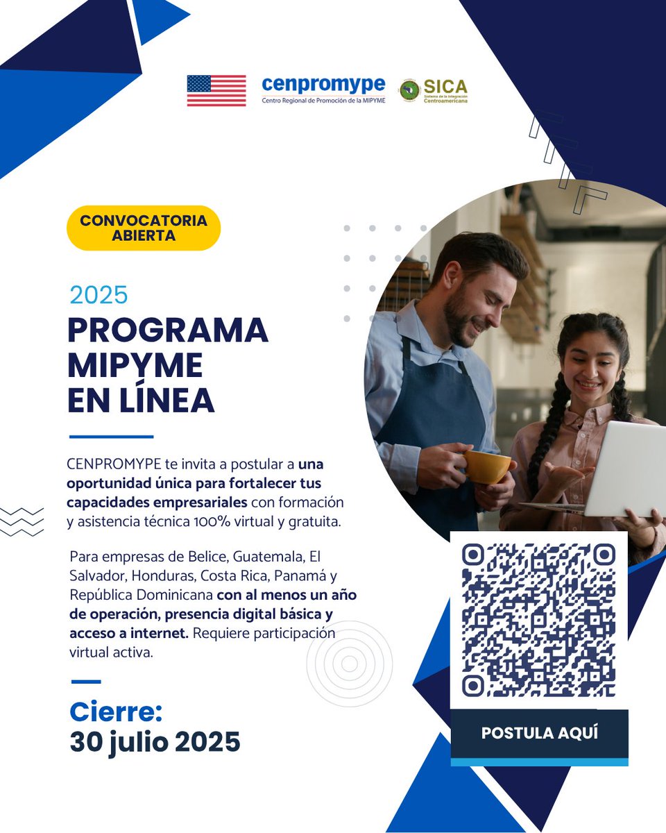 ¡Convocatoria abierta! 📣 ¿Tienes una MIPYME en Centroamérica o República Dominicana? 

Postula al Programa Mipyme en línea 2025 y desarrolla tu plan de comercio electrónico con formación y asistencia técnica 100% virtual y gratuita.

💻Postúlate aquí: forms.gle/P5XcoNGwPw5UP8…
