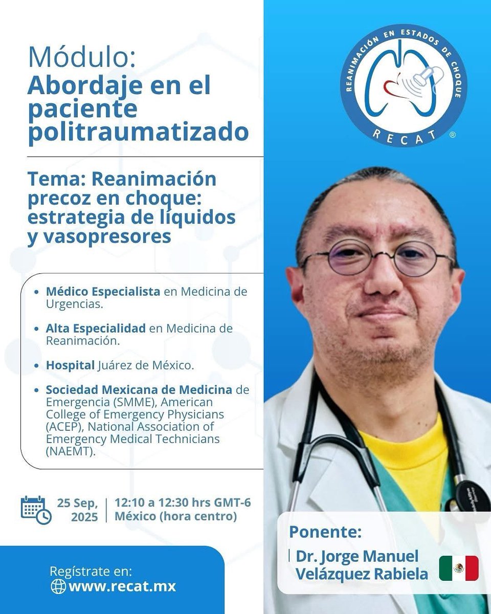 Muchas gracias por la invitación 🫡

Estrategias de líquidos y vasopresores en choque.  
📲 ¡Registrate ahora mismo!
🔗 recat.mx