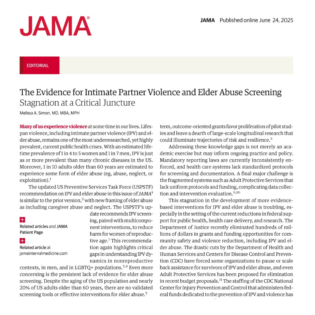 JAMA_current's tweet image. "IPV and elder abuse are public health emergencies."
This Editorial discusses the challenges in researching IPV and elder abuse, noting that policy stagnation and funding cuts have left these crises unaddressed.
ja.ma/4kNiP65