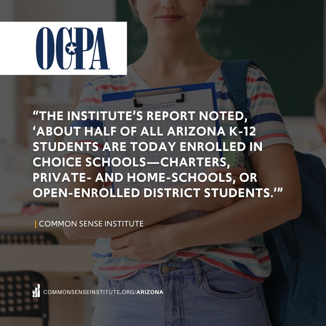 CSInstituteAZ's tweet image. About half of all of Arizona K-12 students are enrolled in choice schools which include charters, private, home-schools, and open-enrollment school districts.
Read more about school choice in CSI's report: bit.ly/41M257C
Read the article to learn about ESA's across…