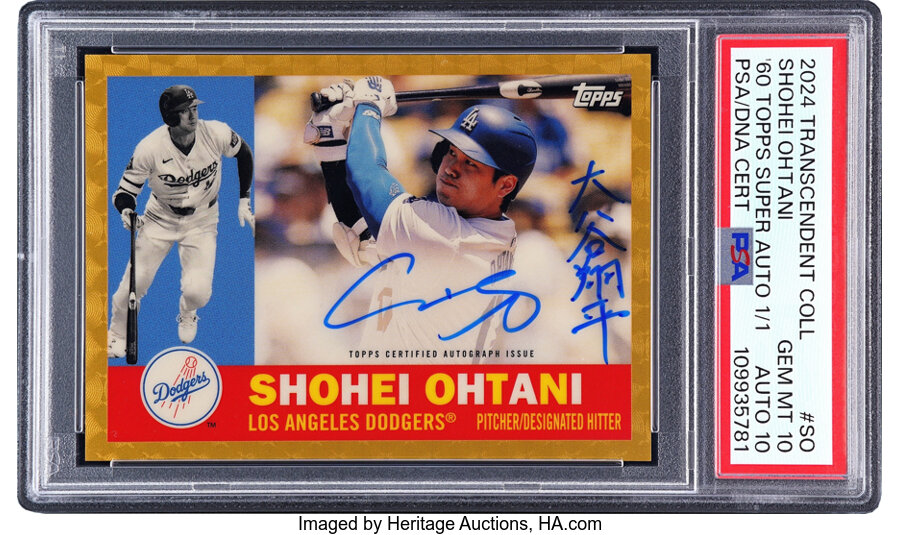 KaseysCards's tweet image. Card of the Day 🏆
2024 @Topps Transcendent Shohei Ohtani
‘60 Topps Design – Superfractor 1/1 Auto with Kanji ✍️
PSA 10 | Auto 10
This card sold for $189,100 back in May via @HeritageAuction.