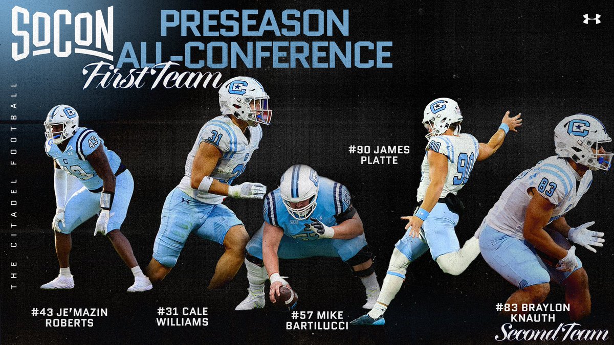 CitadelFootball's tweet image. Chalk up a grand total FIVE @SoConSports Preseason All-Conference selections for The Citadel, including four first-team choices!
Shoutout to James, Je'Mazin, Mike, Cale & Braylon on the preseason honors 🔥✨
Additional details ⤵️
📰: bit.ly/44GqFcO
#FireThoseCannons