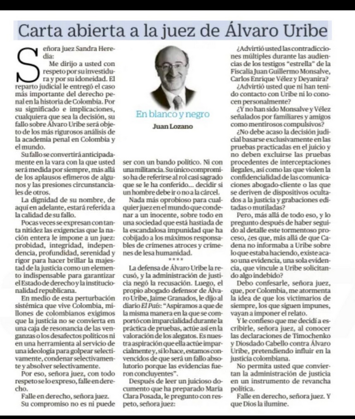 elmermontana's tweet photo. La jueza 44 Penal del Circuito de Bogotá, esta siendo presionada para que absuelva a Álvaro Uribe Velez, ante la mirada complaciente de las altas cortes.

Esta carta del periodista Juan Lozano es una bellaquería, que muestra la degradación de algunos periodistas. @JuanLozano_R https://t.co/p9CFkENLHM