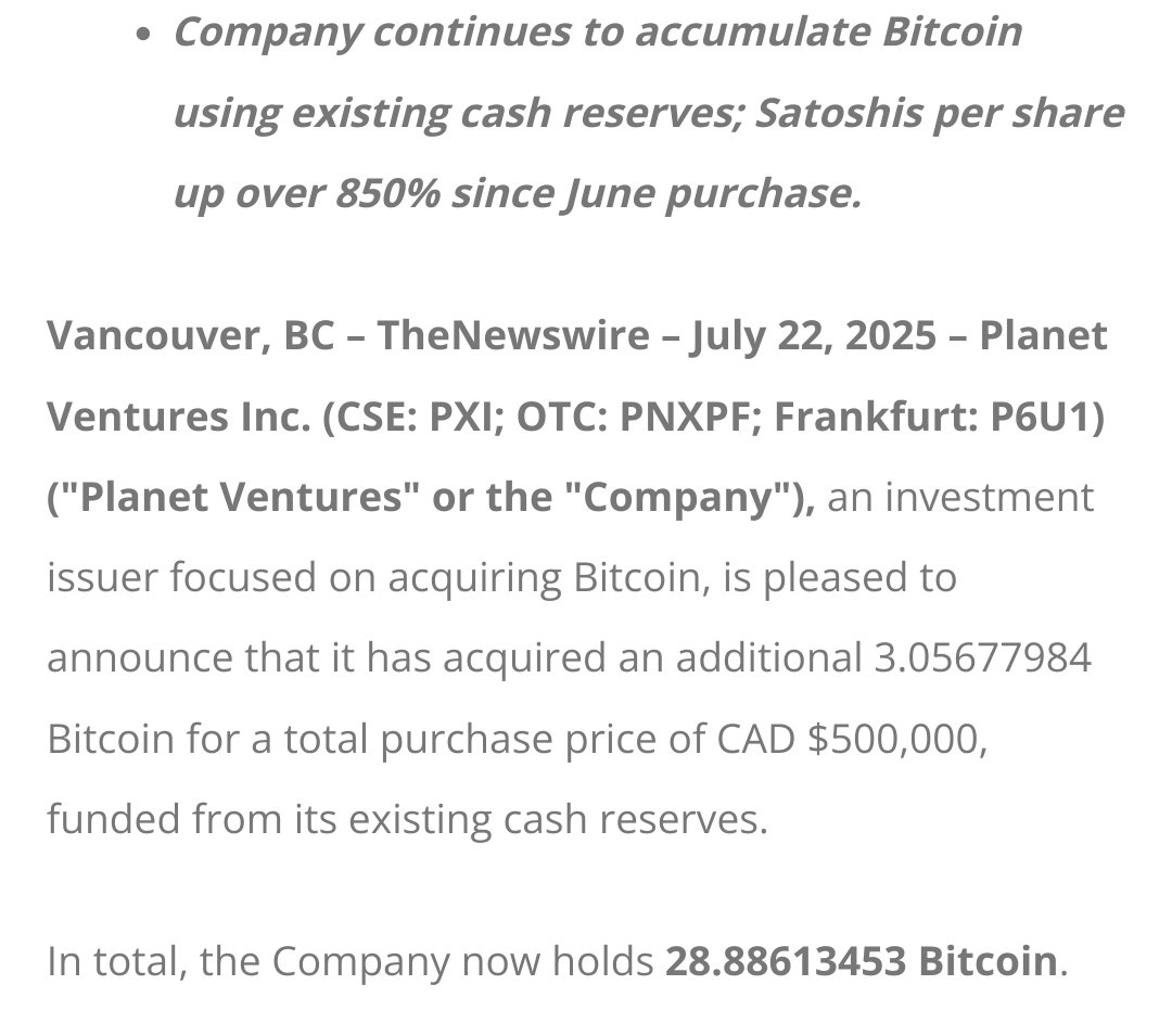 btcNLNico's tweet image. 🚨JUST IN: 🇨🇦 Planet Ventures Inc purchased 3.06 BTC and now has a total of 28.89 BTC.