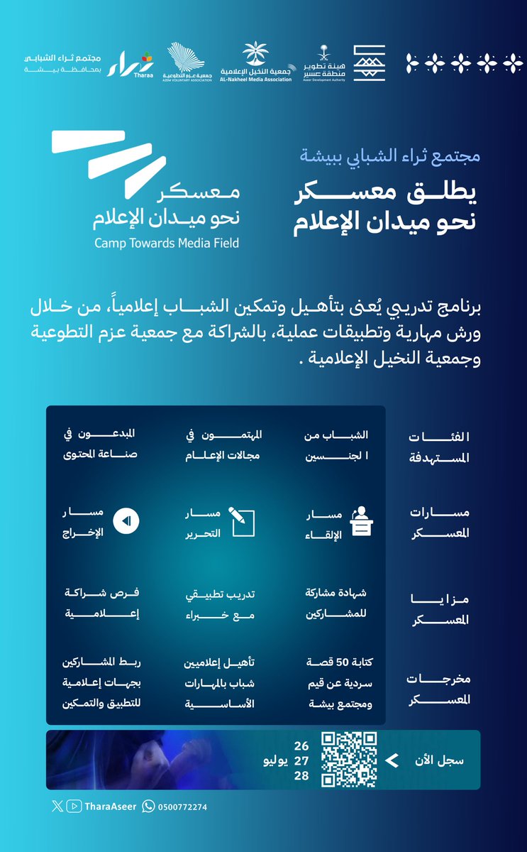 #مجتمع_ثراء بيشة يطلق معسكر :
"نحو ميدان الإعلام "
فرص تدريبية ومسارات متخصصة للإعلاميين وصُنّاع التأثير.

يُقام المعسكر خلال الفترة
٢٦ - ٢٧ - ٢٨ يوليو ٢٠٢٥م

اكتشف المسارات، وسجّل الآن عبر الرابط التالي:

forms.gle/iWDUcTDLcB4ufw…

#نثري_عسير 
#بيشة 
#محافظة_بيشة