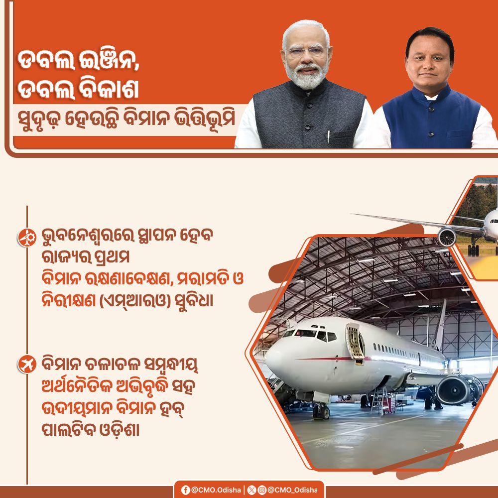 ରାଜ୍ୟର ବିମାନ ଚଳାଚଳ ଭିତ୍ତିଭୂମିକୁ ଆହୁରି ସୁଦୃଢ଼ କରି ଭୁବନେଶ୍ୱରଠାରେ ସ୍ଥାପନ ହେବାକୁ ଯାଉଛି ରାଜ୍ୟର ପ୍ରଥମ ବିମାନ ରକ୍ଷଣାବେକ୍ଷଣ, ମରାମତି ଓ ପରିଚାଳନା ସୁବିଧା ବା MRO( MRO Maintenance Repair Overhaul)।