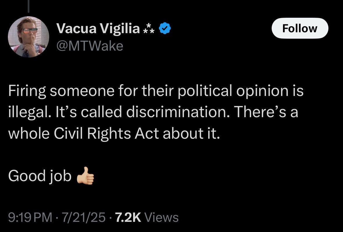 stephen_richer's tweet image. 1) No it isn't.
2) Title VII categories: race, color, religion, sex (and sexual orientation), and national origin.
3) The guy had a lot to say besides his political takes. That the Holocaust was "some people suffering a bit of prejudice" (paraphrase).