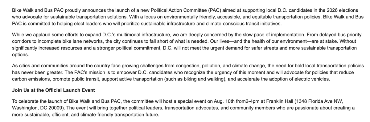 maustermuhle's tweet image. Interesting: A new Bike, Walk, and Bus political action campaign is launching in D.C. with the aim of "supporting local D.C. candidates in the 2026 elections who advocate for sustainable transportation solutions."