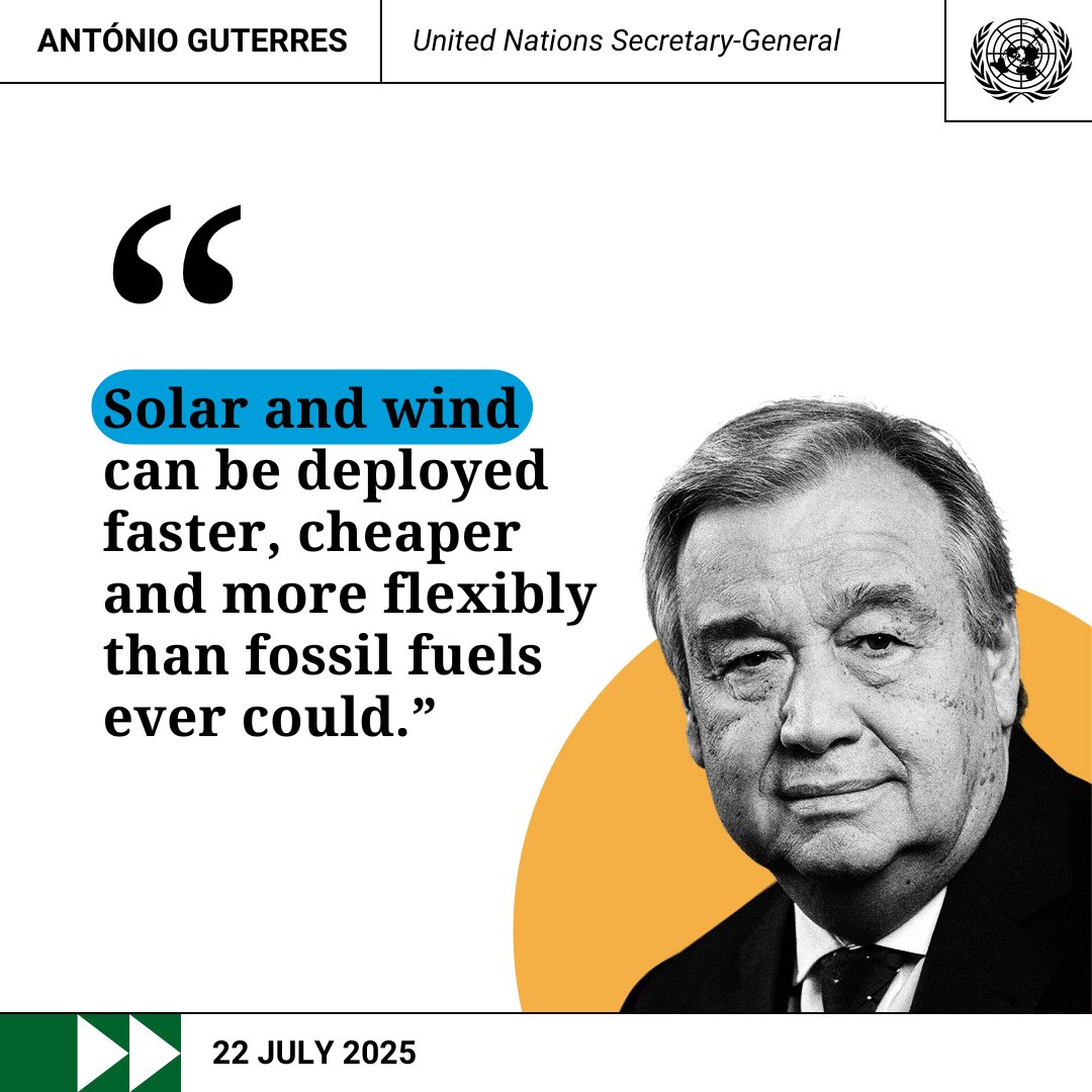 JointSDGFund's tweet image. The clean energy transition is no longer a promise — it’s happening.
In his remarks on “A Moment of Opportunity: Supercharging the Clean Energy Age,” @antonioguterres highlights why the shift to renewables is unstoppable — but must be faster and fairer.
jointsdgfund.org/article/secret…