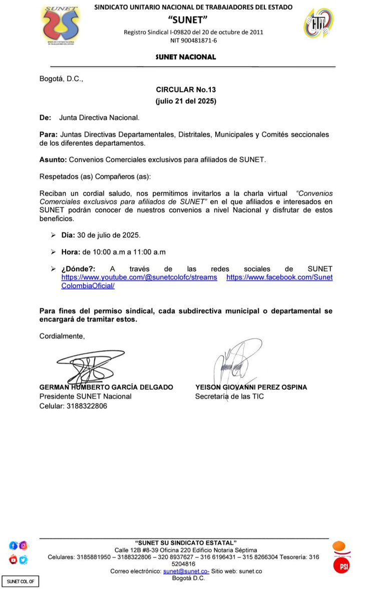 SUNET Bogotá (@sunetbogota) on Twitter photo .<a href="/sunetcolofc/">@SunetColOfc</a> convoca a todos sus afiliados y afiliadas a la charla virtual “Convenios Comerciales exclusivos para SUNET”
Importante charla para conocer las alianzas de nuestra organización sindical con entidades comerciales
📆 30 de julio
⏰ 10:00 am
#SUNETSuSindicatoEstatal .<a href="/sunetcolofc/">@SunetColOfc</a> convoca a todos sus afiliados y afiliadas a la charla virtual “Convenios Comerciales exclusivos para SUNET”
Importante charla para conocer las alianzas de nuestra organización sindical con entidades comerciales
📆 30 de julio
⏰ 10:00 am
#SUNETSuSindicatoEstatal