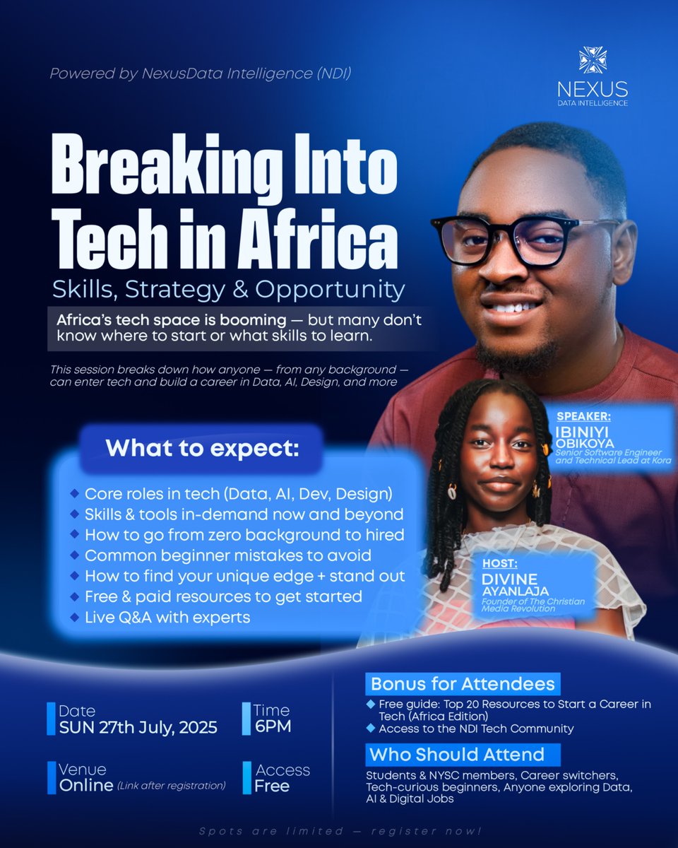 NDIntelligence's tweet image. Students, career switchers, tech newbies, this one’s for you.
Join us July 27 for Breaking Into Tech in Africa
A session on roles, skills, tools, and how to actually get started.
Free & online.
🎟️ Register here →ogaticket.com/breaking-into-…
cc: @Ogaticket_ @PodyNetwork