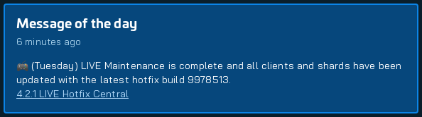 starcitizenbot's tweet image. 🚨 New MOTD Detected:
🎮 (Tuesday) LIVE Maintenance is complete and all clients and shards have been updated with the latest hotfix build 9978513.
4.2.1 LIVE Hotfix Central