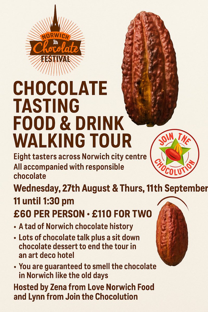 Book yourself onto one of my chocolate food tools smell that chocolate that used to be in Norwich back in the good old days and get food and drink from around the city paid with incredible beans to buy chocolates from around the world.