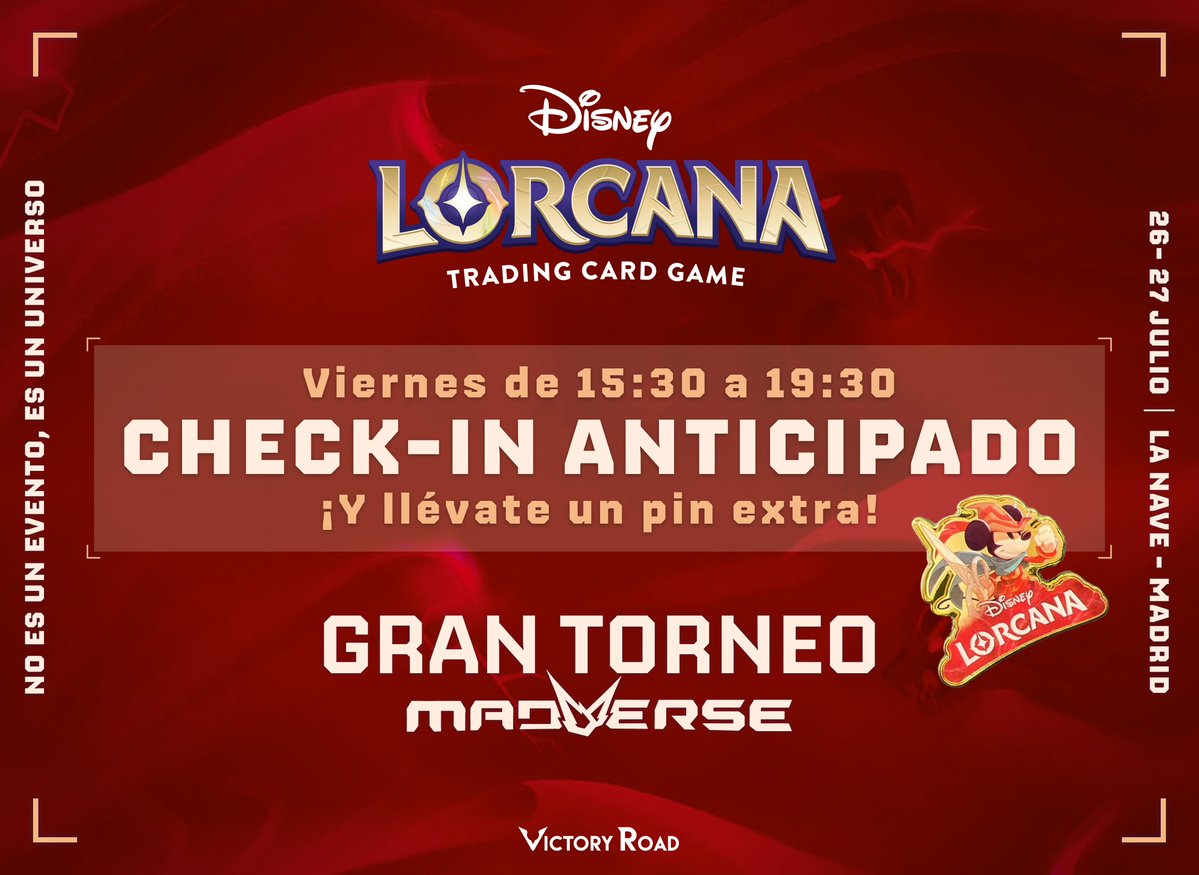 🚨Iluminadores de Disney Lorcana...

📌¡Ven a hacer Check-in anticipado y llévate un Pin de Mickey Mouse extra!

🕒Estaremos de 15:30 a 19:30

¿Aún no te has apuntado? ¡Únete a los más de 3⃣0⃣0⃣ iluminadores que ya lo han hecho! ✨

🎫 Entradas: my.weezevent.com/lorcana-madver…