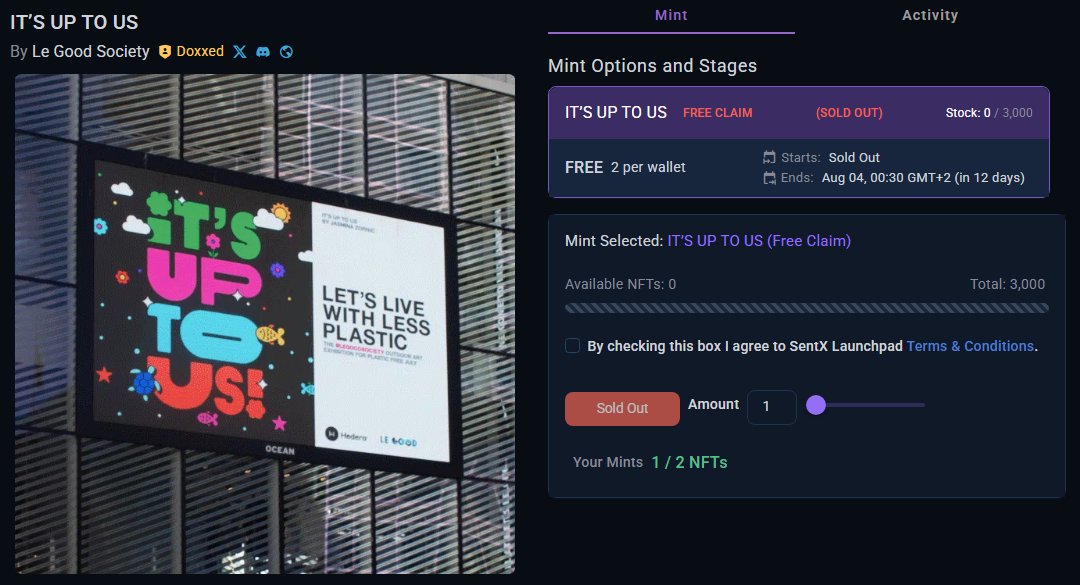 SentX_io's tweet image. 🚨 3,000 NFTs MINTED — ALL CLAIMED! 🚨
@LeGoodSociety’s powerful digital art drop for #PlasticFreeJuly has officially minted out 🌍✨
From Times Square to Amsterdam, this global wave turned awareness into action 🌊💚
Thank you for showing the world that It’s Up To Us.
Hedera 🍃