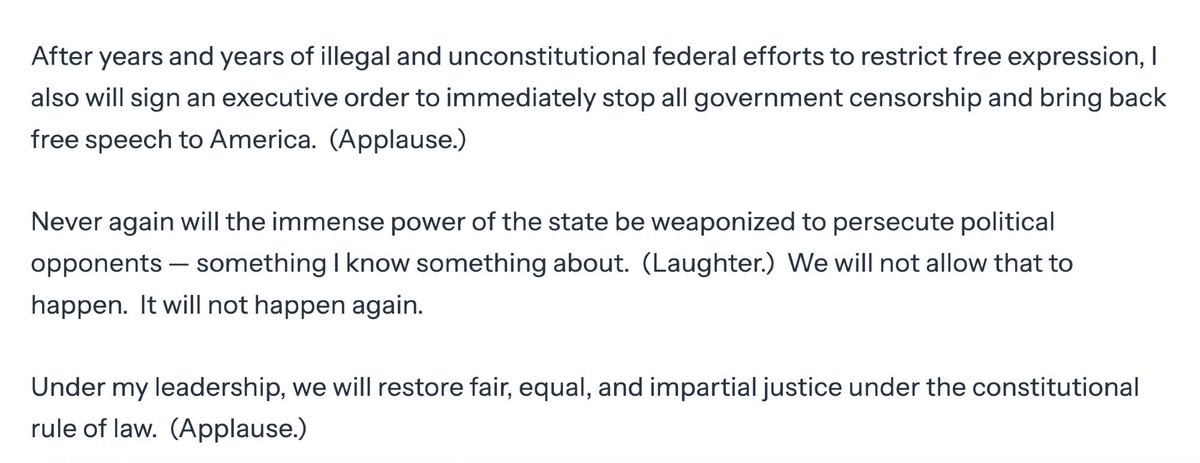 Trump in his second inaugural address: "Never again will the immense power of the state be weaponized to persecute political opponents - something I know something about."