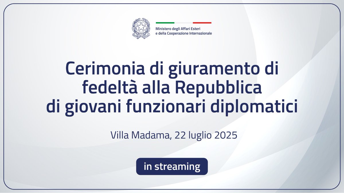 ItalyMFA's tweet image. I nuovi giovani diplomatici della #Farnesina giurano fedeltà alla presenza del Min. @Antonio_Tajani.
📽️Segui la diretta👇
youtube.com/live/zFrKI_rJS…