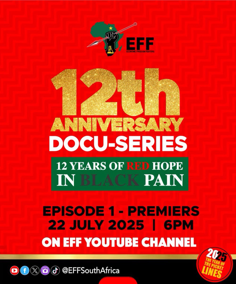 EFFSouthAfrica's tweet image. ♦️30 Minutes To Go♦️
EFF 12th Anniversary Docu-Series — 12 Years of Red Hope in Black Pain. Episode 1 premieres today at 18:00.
Watch it live on our YouTube Channel
Link: youtu.be/I1vdL6MvcT4
#EFFTurns12