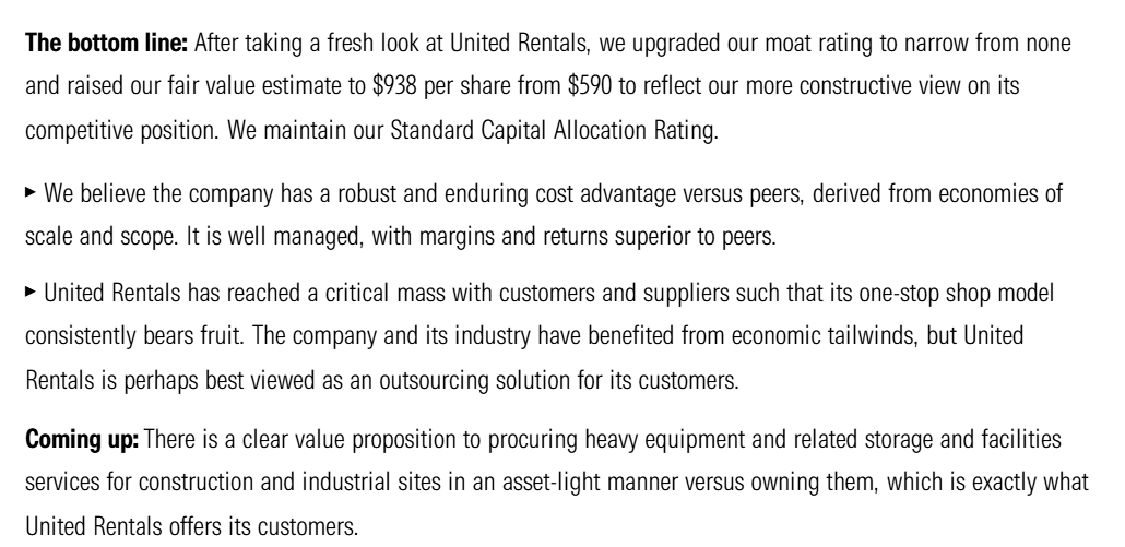 BushwoodCap's tweet image. Morningstar increases estimate on United Rentals $URI from $590 to $938.
"We believe the company has a robust and enduring cost advantage versus peers, derived from economies of scale and scope. It is well managed, with margins and returns superior to peers."
