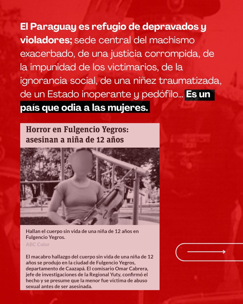 Una niña de 12 años fue abusada y asesinada en Fulgencio Yegros, Caazapá. Su desaparición fue denunciada por la madre. La encontraron los vecinos. 

No fue el Estado.

Otra vez: el machismo mata. Y el Estado deja morir.
🧶