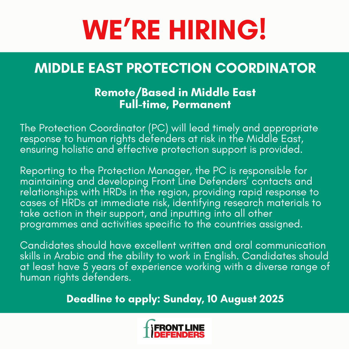 FrontLineHRD's tweet image. 🛎️ Front Line Defenders is recruiting a Middle East Protection Coordinator to support the Protection Team’s response to human rights defenders (HRDs) at risk in the Middle East.
The PC will lead timely and appropriate response to human rights defenders at risk in Middle East,…