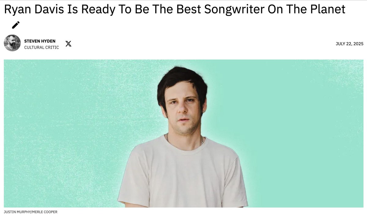 Hey, I did a long interview with Ryan Davis, a songwriting phenom who is ready to be an overnight sensation at the age of 40. His new album NEW THREATS FROM THE SOUL drops Friday and it's a doozy. uproxx.com/indie/ryan-dav…