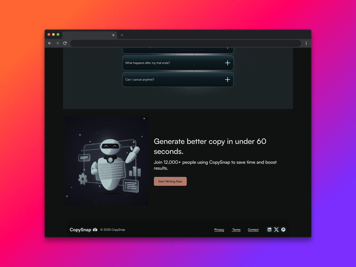 Iceyondeck's tweet photo. Designed a landing page for CopySnap, an AI copy tool.
Clean layout, sharp hero, and a slick UI mockup.
Would you try it?

#UIDesign #MadeInFramer #WebDesign https://t.co/N9HjMygqU7