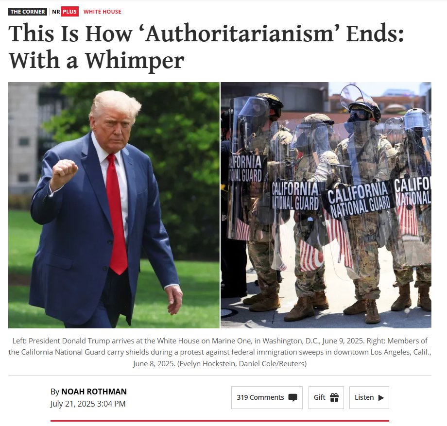 Yaffee's tweet image. Once again @NoahCRothman of @NRO is exactly right.
I was told sending troops to LA was the start of turning America into Nazi Germany.
Now they're going home.
So I guess we're still America???