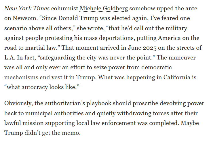 Yaffee's tweet image. Once again @NoahCRothman of @NRO is exactly right.
I was told sending troops to LA was the start of turning America into Nazi Germany.
Now they're going home.
So I guess we're still America???