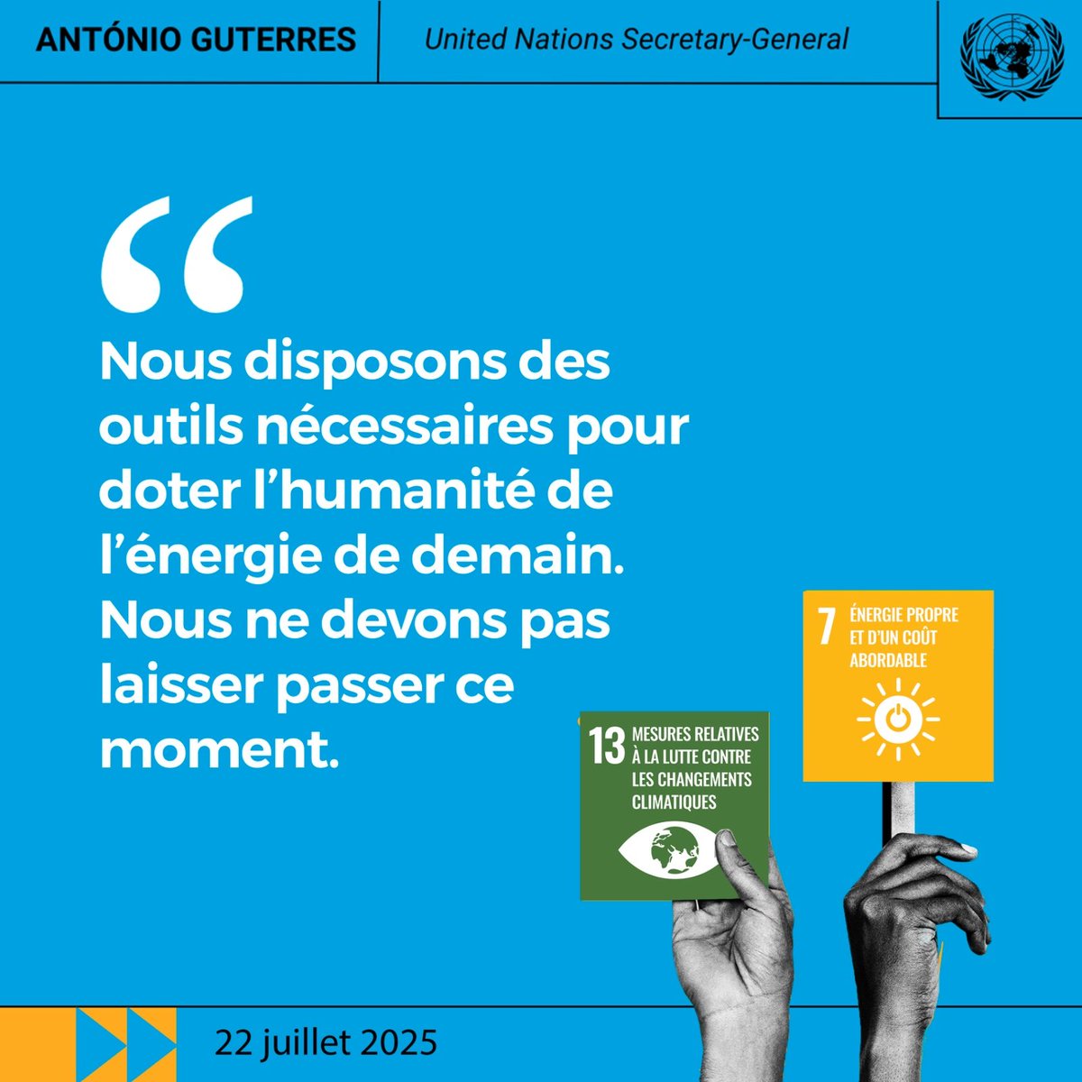 Le Secrétaire général des Nations Unies a présenté les principaux domaines d'action et les mesures à prendre pour donner un coup d'accélérateur à la révolution des énergies renouvelables, qui peut fournir une énergie propre et abordable pour tous. un.org/climatechange/…