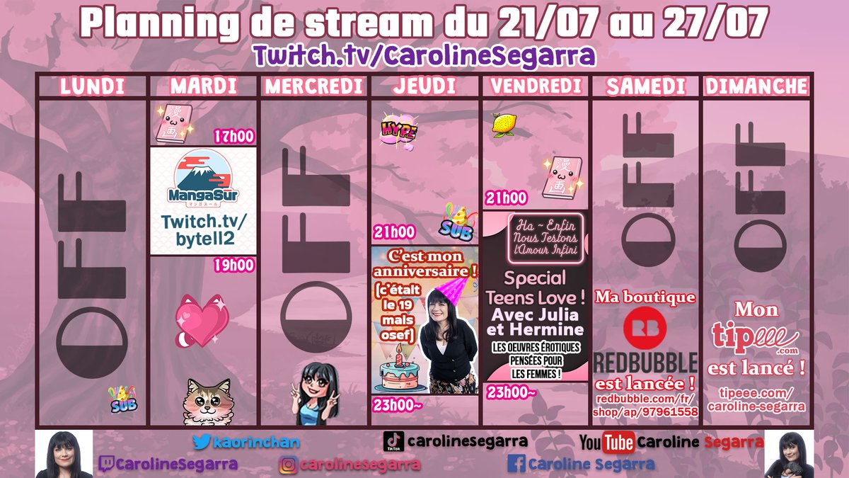 kaorinchan's tweet image. 🔥PLANNING DE LA SEMAINE🔥
Twitch.tv/carolinesegarra

MARDI : le dernier #MangaSur de la saison avec la team @MisterAdyboo @v_lormeau @mk_Rza chez @bytell2

JEUDI : C’EST MON ANNIVERSAIRE 🥳 (c’était le 19 mais bref) venez faire un coucou ❤️

VENDREDI : le retour de L’Amour Infini…