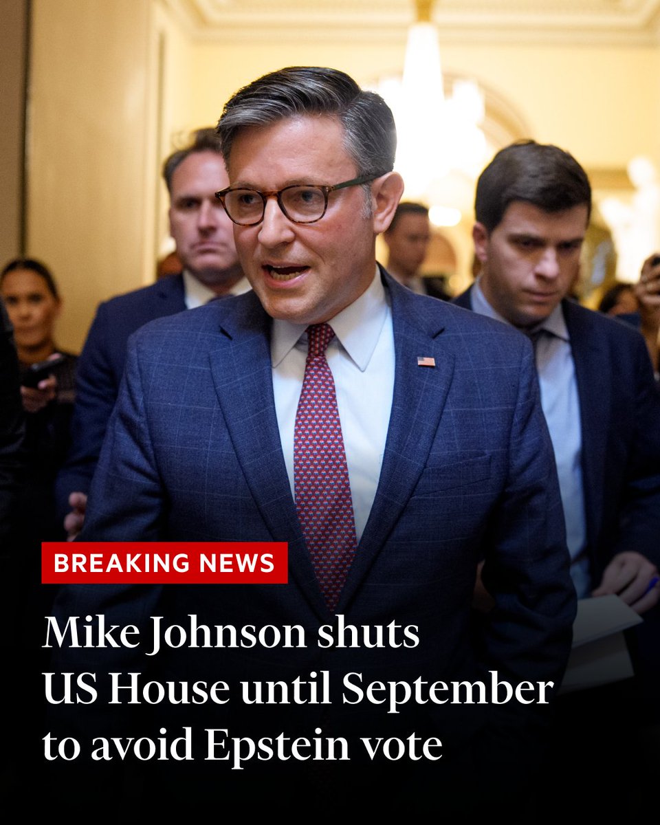Breaking news: The US House Speaker has shut the congressional chamber until September, as Donald Trump’s allies seek to contain a spiralling crisis over the administration’s handling of the Epstein case. on.ft.com/46sKypb