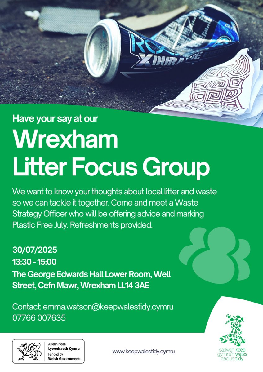 AndrewRuscoe's tweet image. 🗣️PLEASE RETWEET: Have your say on litter and waste in our community! 🌍
Join @KeepWalesTidy - Cadwch Gymru'n Daclus and meet the #StayOnSide Cefn Litter Picker team at the Wrexham Litter Focus Group 💬
📅 Date: Wednesday, 30th July 2025
🕜 Time: 1:30 PM – 3:00 PM
📍 Venue:…