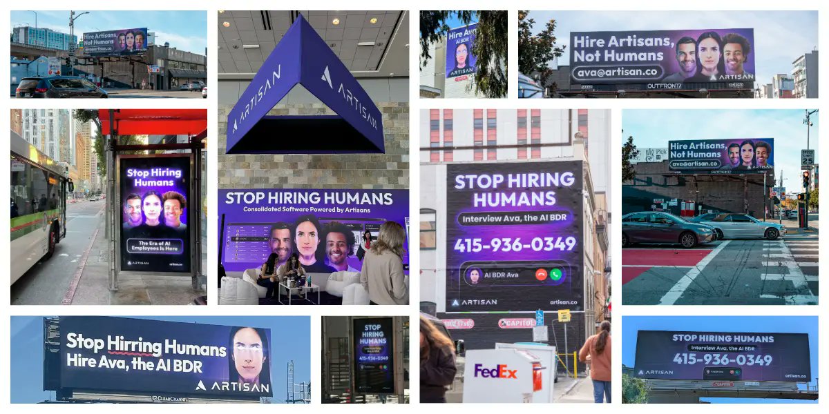 MakerThrive's tweet image. Artisan has been running a “Stop Hiring Humans” campaign in San Francisco... are we scared or is this genius?