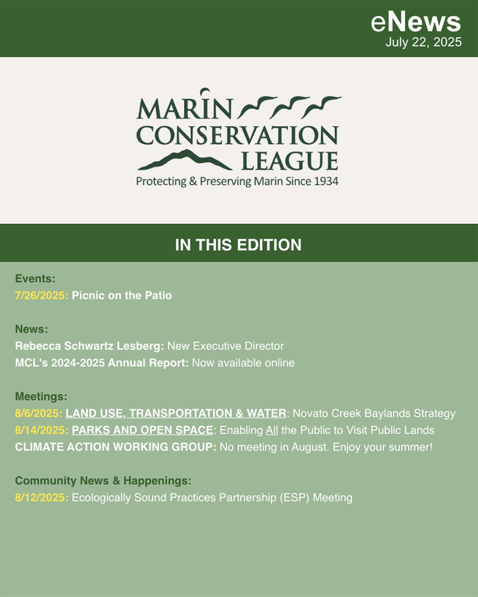 MCL_Marin's tweet photo. Your MCL eNews: Executive Director Rebecca Schwartz Lesberg, Picnic on the Patio, Annual Report, August meetings, and More!

Stay informed! Check out the eNews at https://t.co/dePt6zXcDl https://t.co/oLujsiWtwk