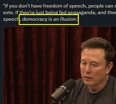 iThinkHarder's tweet image. Elon is right, democracy IS an illusion.
Oh, Elon, you're so close.