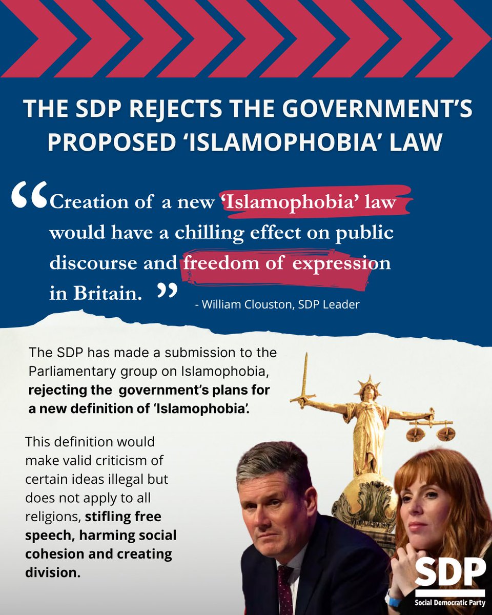 SDPhq's tweet image. The SDP is a party that believes firmly in free speech.
That’s why we have taken action to stop the government’s ‘Islamophobia’ Law.
sdp.org.uk/2025/07/22/sdp…