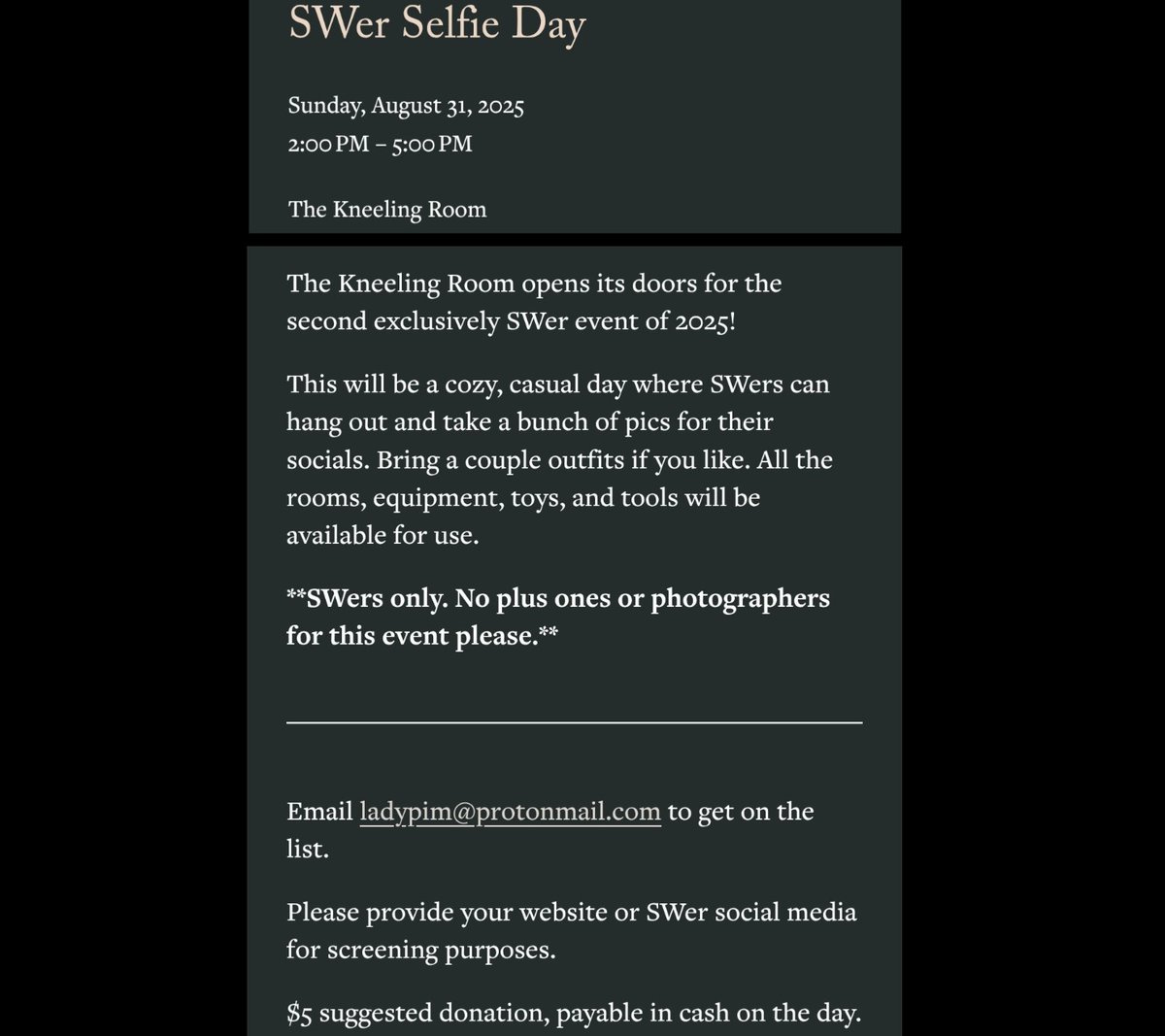 thekneelingroom (@thekneelingroom) on Twitter photo SWer Selfie Day coming up on August 31st! Email ladypim@protonmail.com to get in the list ☀️ SWer Selfie Day coming up on August 31st! Email ladypim@protonmail.com to get in the list ☀️