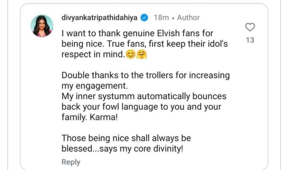 AG_knocks's tweet photo. @ElvishYadav Mast reply diya tha Divyanka ne.
Ek reply me poore troll army ki hekdi nikaal di🤣 https://t.co/L1C8CvgFcR