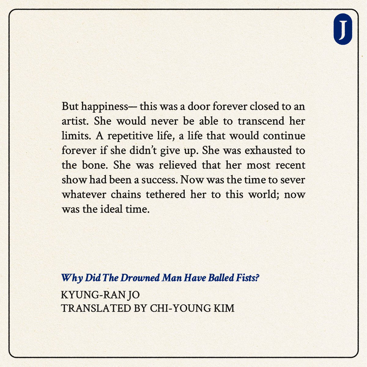 JoylandPub's tweet image. "But happiness— this was a door forever closed to an artist." —from "Why Did The Drowned Man Have Balled Fists?" by Kyung-ran Jo, translated by Chi-Young Kim (excerpted from BLOWFISH, out now from @astrahousebooks)
joylandpublishing.com/fiction/blowfi…