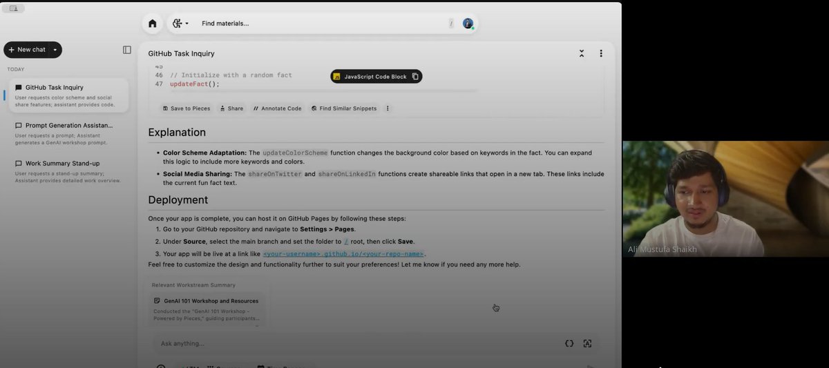💻 Just finished the GenAI 101 Workshop with Pieces by Ali Mustafa Sir – epic stuff for our community! 🔥 Learned prompt engineering, LLMs, and hands-on with <a href="/getpieces/">Pieces</a> tools. Thanks <a href="/ialimustufa/">Ali Mustufa</a>!

-AI workflows to supercharge productivity

-Mastering Copilots for smarter coding