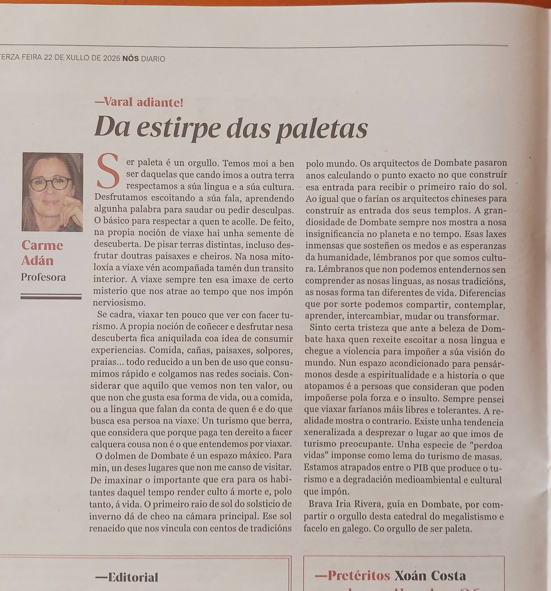 Carme Fiaño Gándaras (@fianocarme) on Twitter photo Da estirpe das paletas
Brava, Iria Rivera, guía en Dombate, por compartir o orgullo desta catedral do megalitismo e facelo en galego. Co orgullo de ser paleta.
Por <a href="/carmeadan/">carme adán</a> en <a href="/NosDiario/">Nós Diario</a> Da estirpe das paletas
Brava, Iria Rivera, guía en Dombate, por compartir o orgullo desta catedral do megalitismo e facelo en galego. Co orgullo de ser paleta.
Por <a href="/carmeadan/">carme adán</a> en <a href="/NosDiario/">Nós Diario</a>