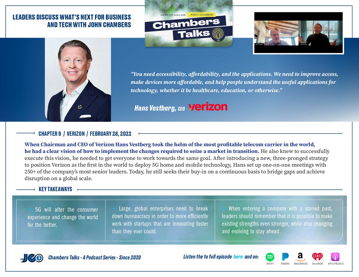 JohnTChambers's tweet image. .@Verizon’s 25th anniversary is a reminder of how far the company has come &amp;amp; the importance of competing against market transitions to maintain leadership. In my #ChambersTalks #podcast episode w/ CEO @HansVestberg, he explained these learnings &amp;amp; more.
 jc2ventures.com/chambers-talks…
