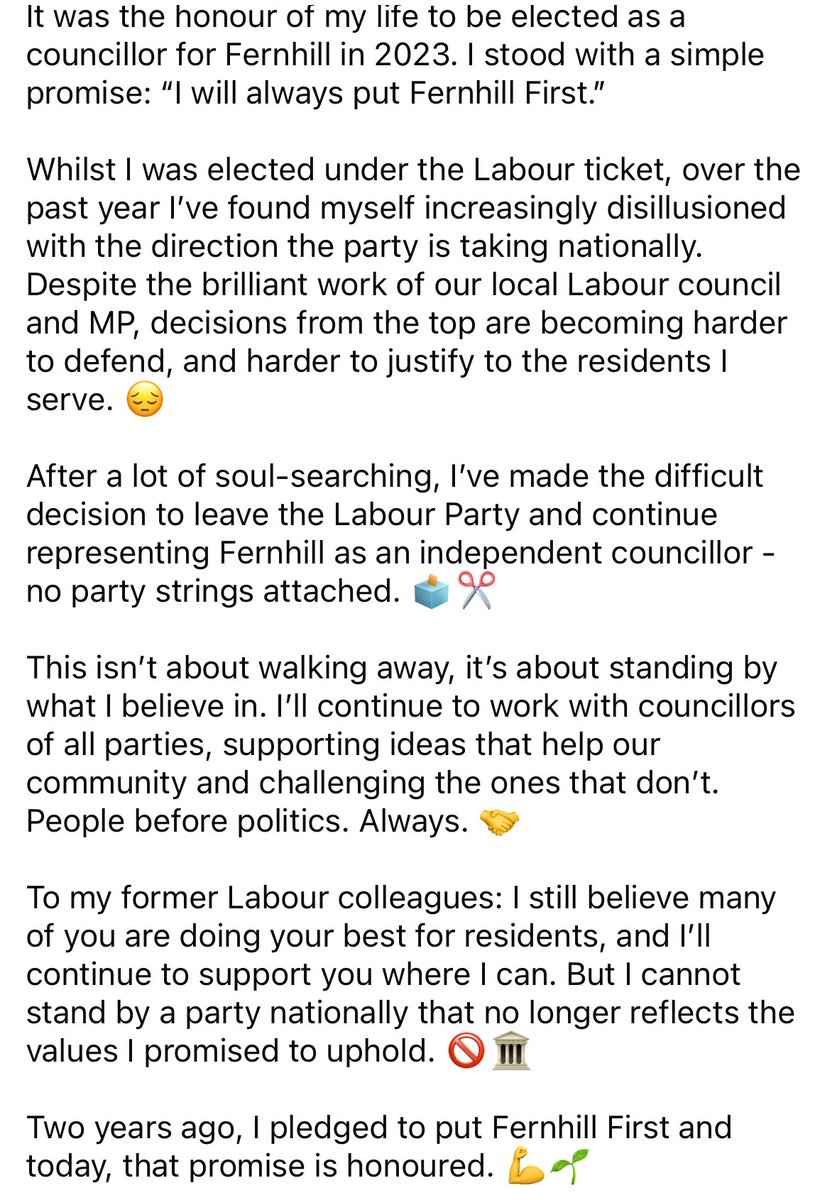 MrAbeAllen's tweet image. It’s been the honour of my life to serve Fernhill since 2023. I stood on one promise: Fernhill First 🏡
Today, I’m leaving the Labour Party to serve as an Independent councillor - free from party lines, focused solely on residents. ✊
#FernhillFirst #Independent