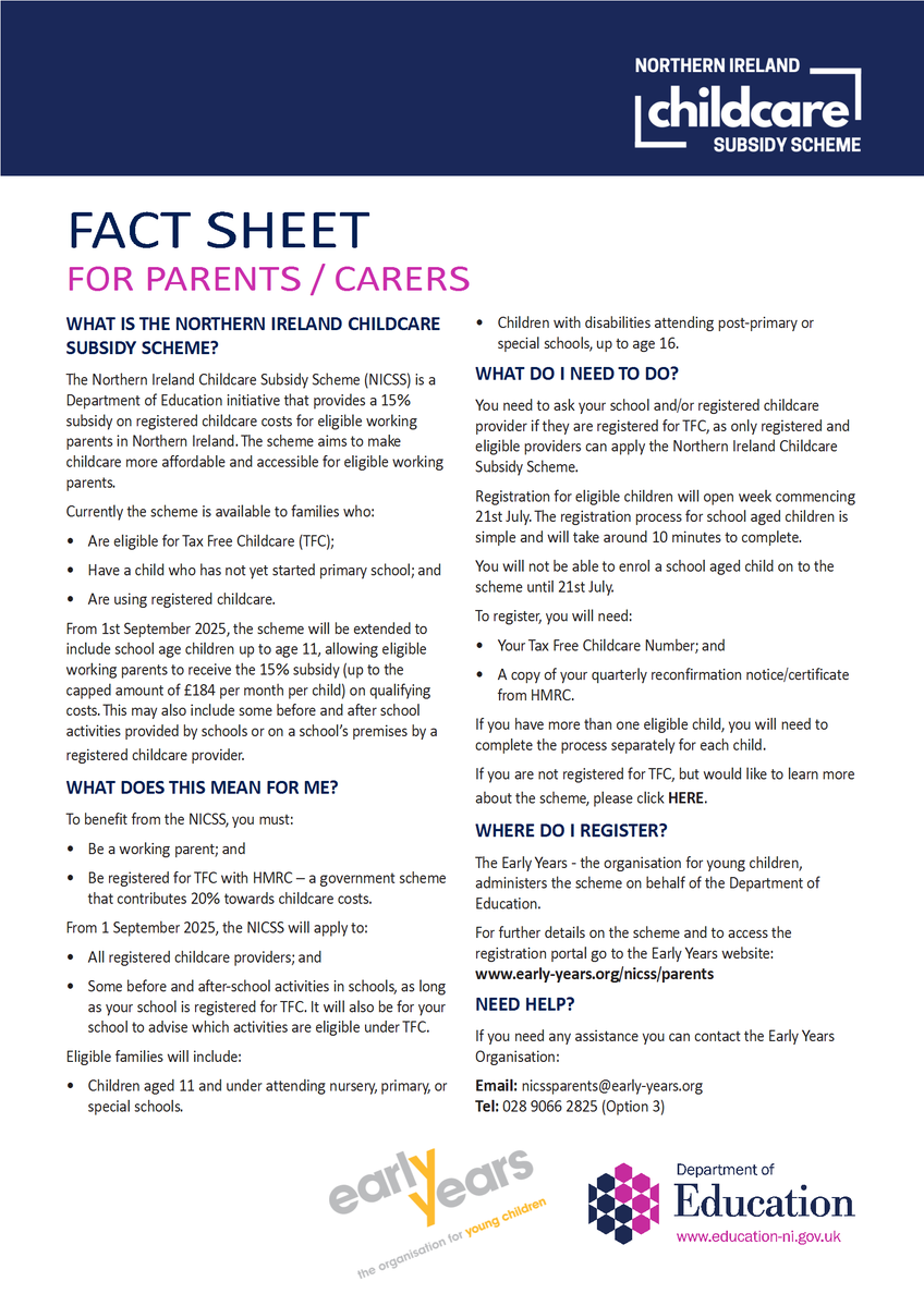 Early Years (@earlyyearsorg) on Twitter photo New NI Childcare Subsidy Scheme OPEN!
Includes school age children, 4 to 11 years, as well as ages 0-4.
This <a href="/Education_NI/">Education NI</a> Fact Sheet shows eligible care, including some provided by schools or on a school's premises by a registered provider.
More at; early-years.org/nicss New NI Childcare Subsidy Scheme OPEN!
Includes school age children, 4 to 11 years, as well as ages 0-4.
This <a href="/Education_NI/">Education NI</a> Fact Sheet shows eligible care, including some provided by schools or on a school's premises by a registered provider.
More at; early-years.org/nicss
