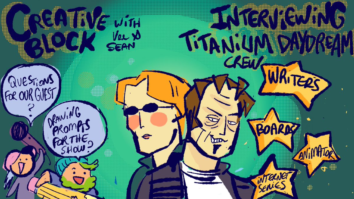 Send in your drawing prompts and questions for the duo behind Titanium Daydream, Ben Crouse and Jacob Sluka!

Ben was a staff writer on StuGo and storyboard artist on Pickle and Peanut. Jacob is a background painter and story artist, and is the animator for Titanium Daydream.