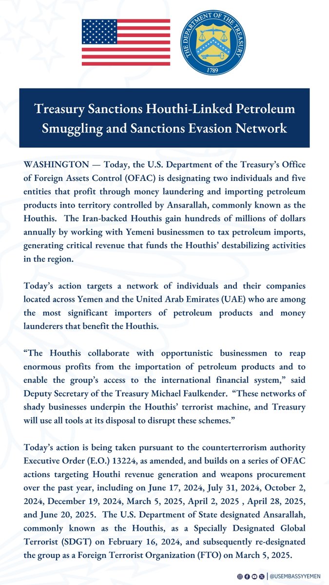 USEmbassyYemen's tweet image. Treasury Sanctions Houthi-Linked Petroleum Smuggling and Sanctions Evasion Network. tinyurl.com/evb6p45z #USAwithYemen